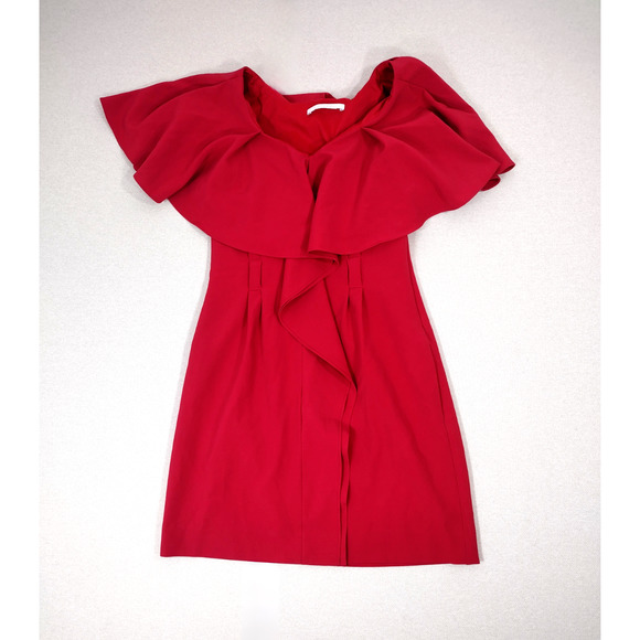 Black Halo Dress Womens Size 6 Red Ruffle Neckline Sheath Chic Mini Dress - Picture 1 of 4